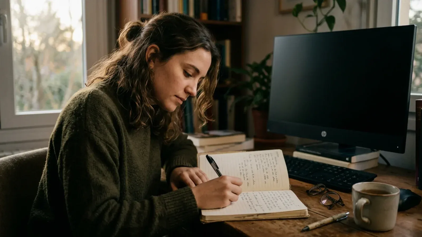 Persona escribiendo a mano en un cuaderno, rodeada de libros y una taza de café, sin dispositivos electrónicos, representando la vida antes de los ordenadores